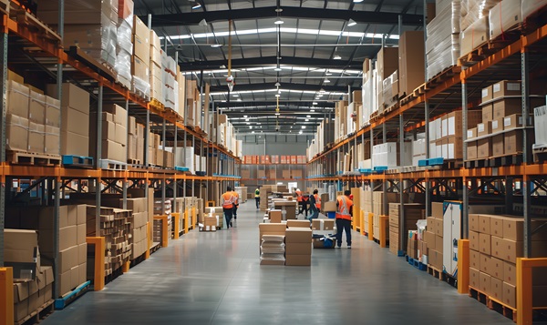 Wide-angle view of a busy warehouse with workers organizing and moving boxes along high shelves.