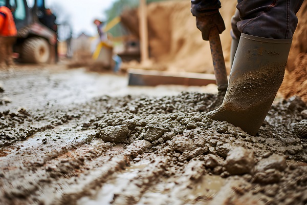 A worker pours concrete on a construction site in Pennsylvania.
