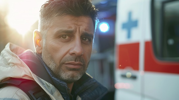 Close-up of a first responder standing in front of an ambulance, looking serious and reflective, with sunlight in the background.