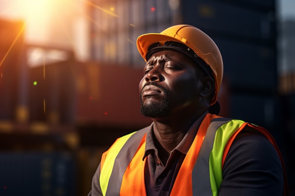 A construction worker is standing outdoors, looking upwards with a pained or tired expression on his face due to the heat and difficult working conditions.