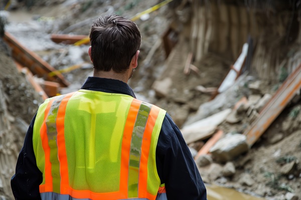 A construction worker wearing a reflective safety vest standing and observing a trench collapse site, with debris and caution tape visible in the background.