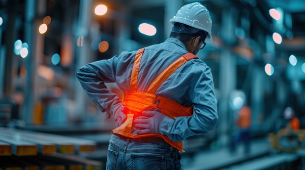 Construction worker wearing a hard hat and reflective safety vest holding their lower back in pain, standing in an industrial setting with blurred equipment and lighting in the background.