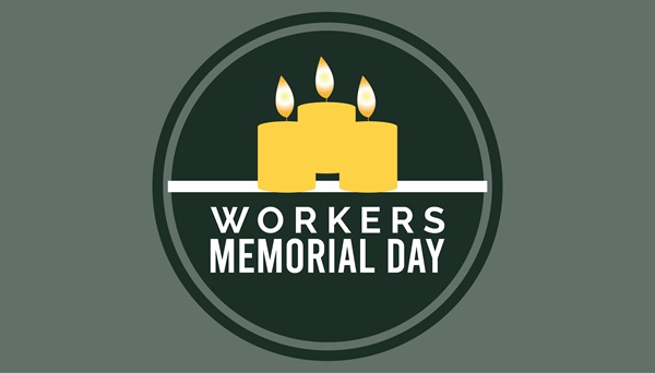 Workers Memorial Day emblem featuring three lit candles above bold white text on a dark green background.