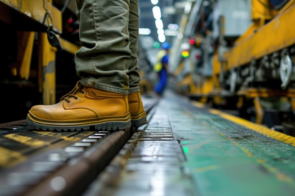 Worker with safety boots in an industrial environment.